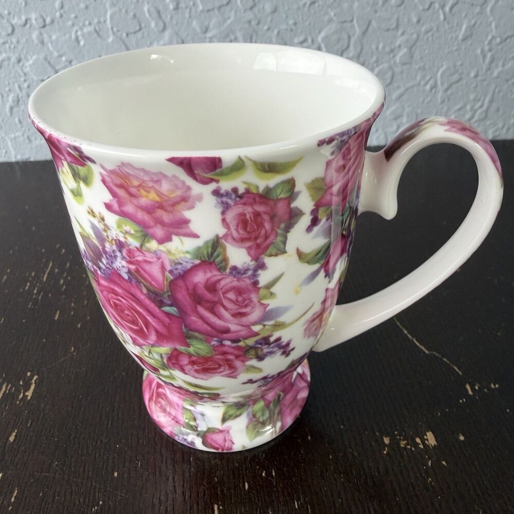 Maxwell & Williams Roseberry Footed Coffee Cup Mug Fine Bone China Pink Floral